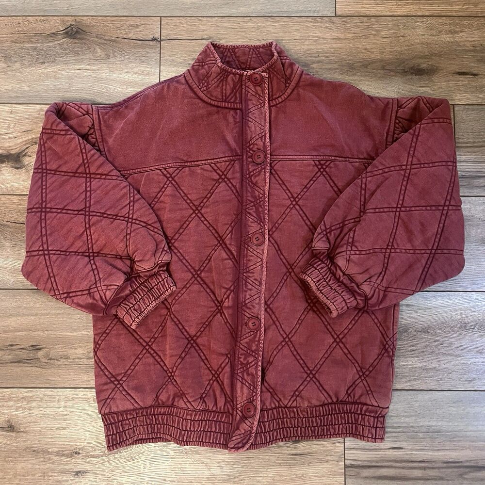 Free People Juno Quilted Red Burgundy Oversized Bomber Jacket Women's XS Cotton